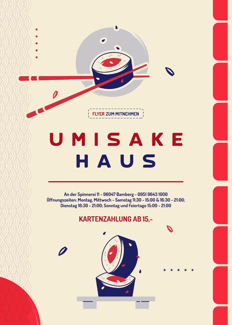 Flyer der Erba Insel zum Mitnehmen: Umi Sake Haus, Sushi-Rolle mit Stäbchen